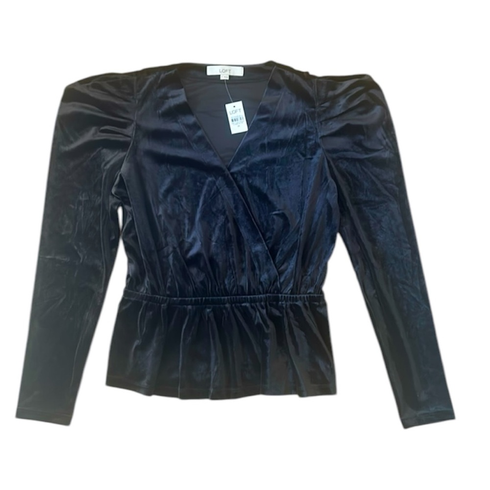 🆕 LOFT Velour Wrap Black Top Puffy Sleeve V Neck Women’s Size Medium